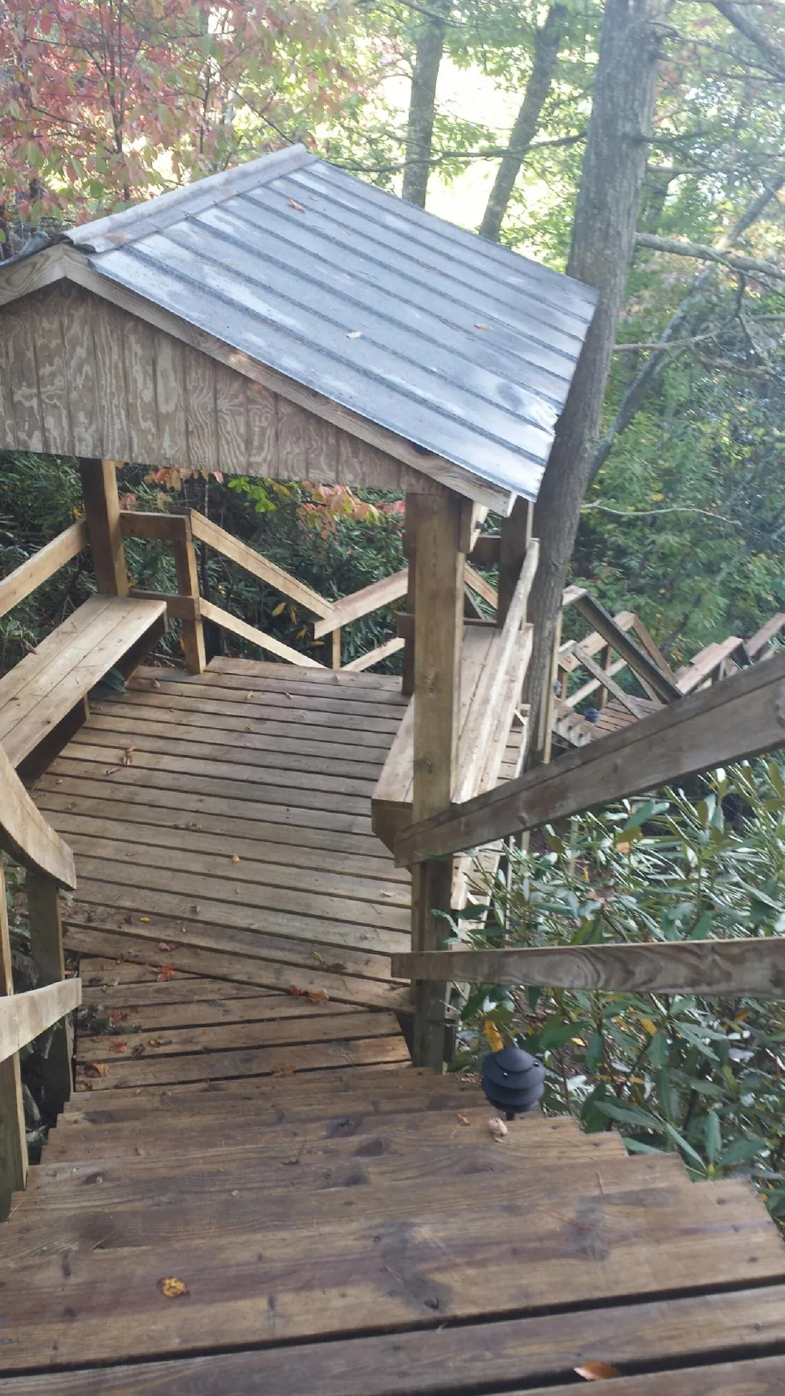 Metal roofed shelter over wooden steps on a wooded walkway — Skylight Repair & Installation work by our crew in River Forest